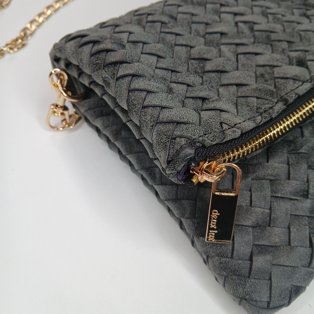 Deux Lux Weaved Crossbody Madison Foldover Black Gold Clutch - Picture 2 of 10